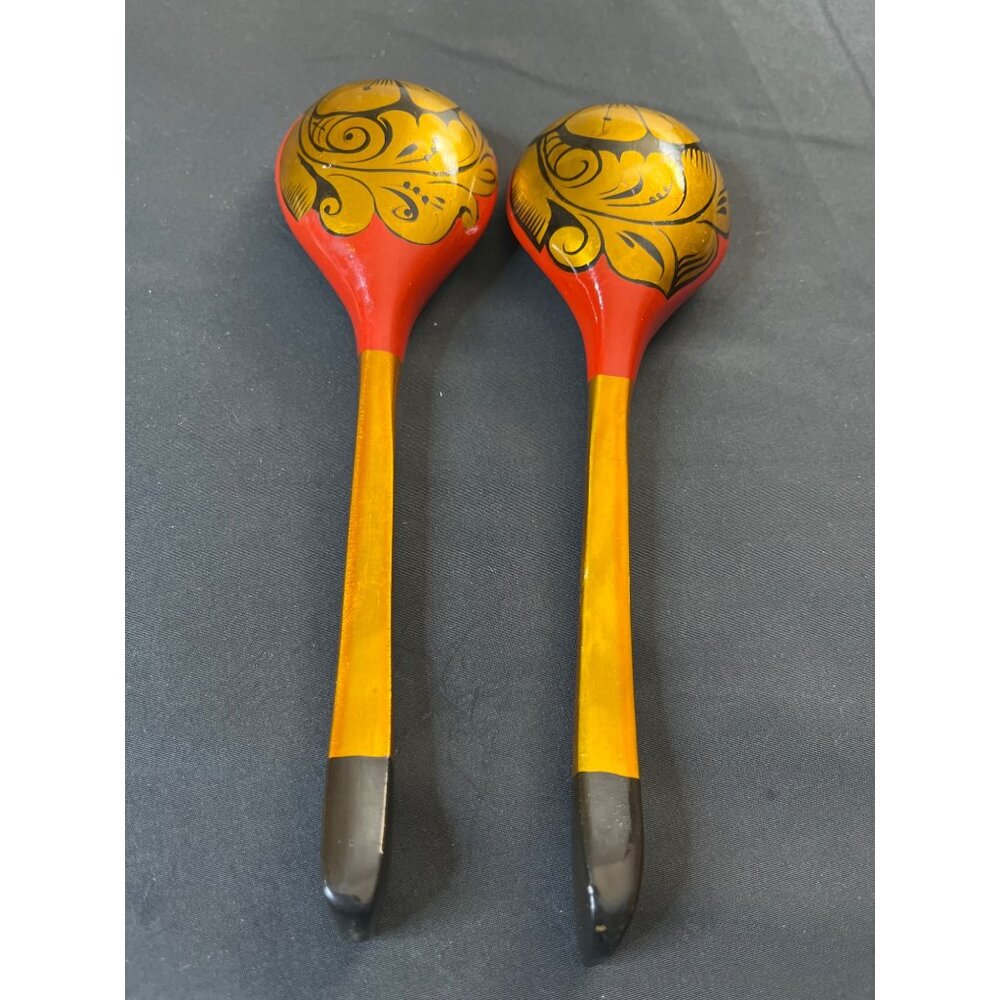 Russian Vintage Wooden Spoons Folk Art Hand Painted Set of 2 - Picture 4 of 5